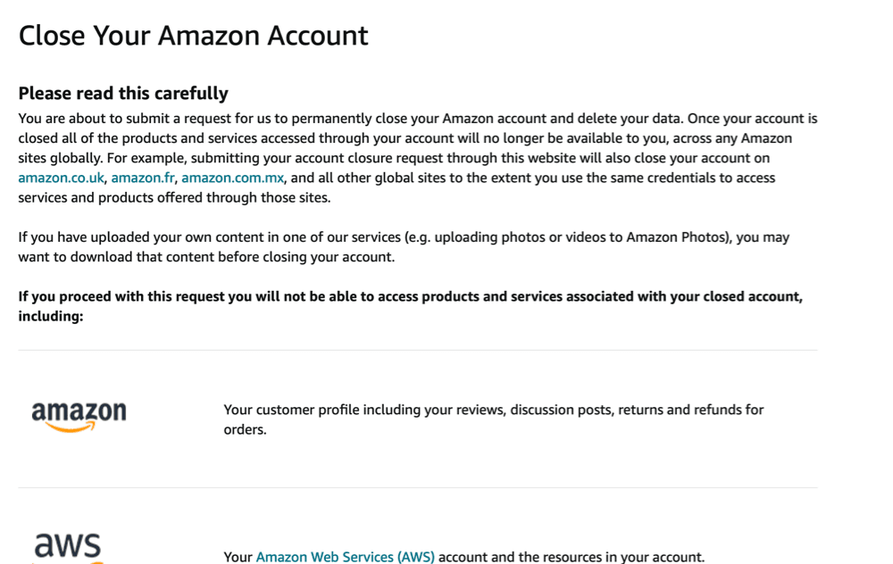 Close Your Amazon Account screen.