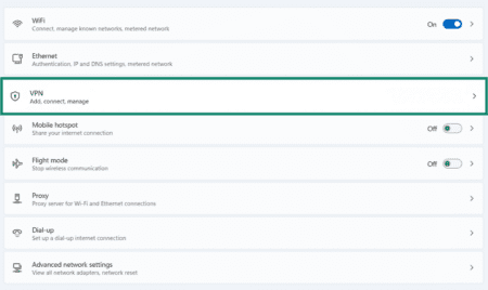 The Windows Network & internet settings, with the VPN option highlighted.
