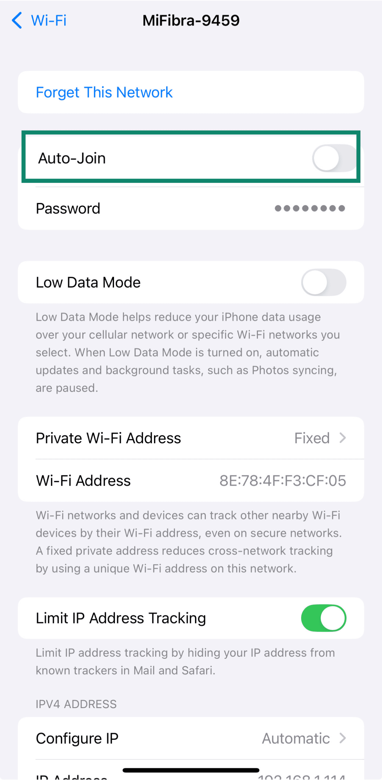 iOS screen showing Auto-Join unchecked