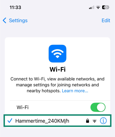 Close-up of available Wi-Fi networks on iOS with the active connection highlighted.