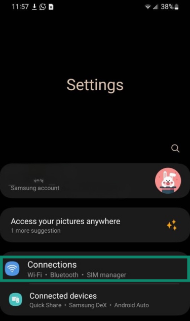 Close-up of Android settings menu with Connections settings highlighted.
