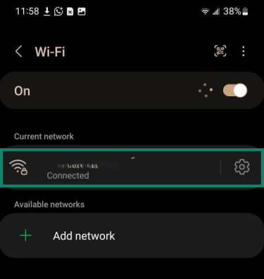 Android network connection screen in the Settings menu showing the connected Wi-Fi network.