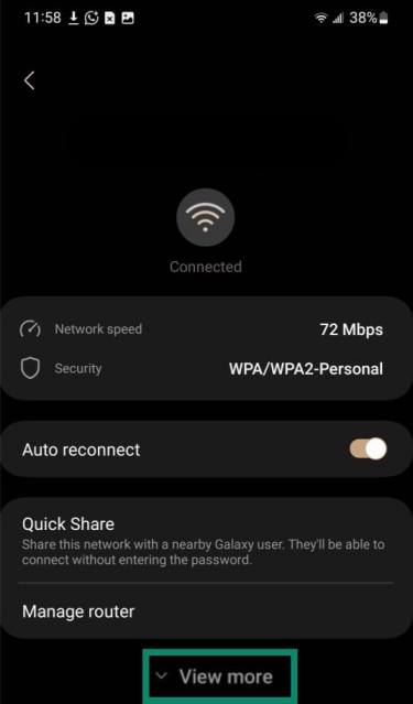View more button highlighted under the connected Wi-Fi network on Android.