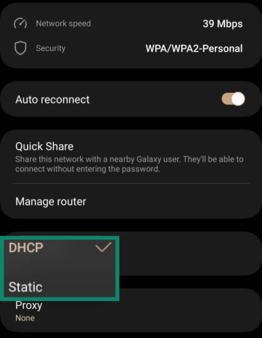 DHCP and Static IP Settings highlighted in connected Wi-Fi settings on Android.