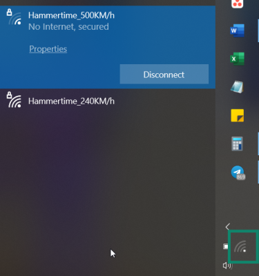 Windows's screen showing available internet connections with the network icon highlighted.