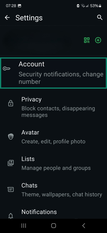 WhatsApp Settings menu highlighting Account.
