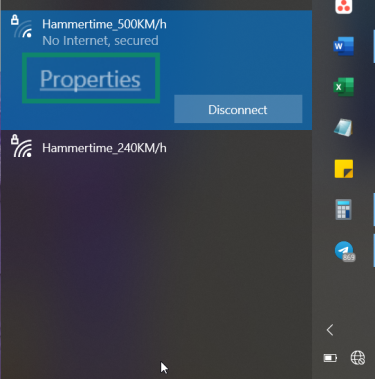 Windows's screen showing internet connections with the Properties option on connected network highlighted.