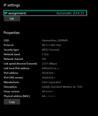 Close-up of Windows's network connection properties page with IP Assignment settings highlighted.