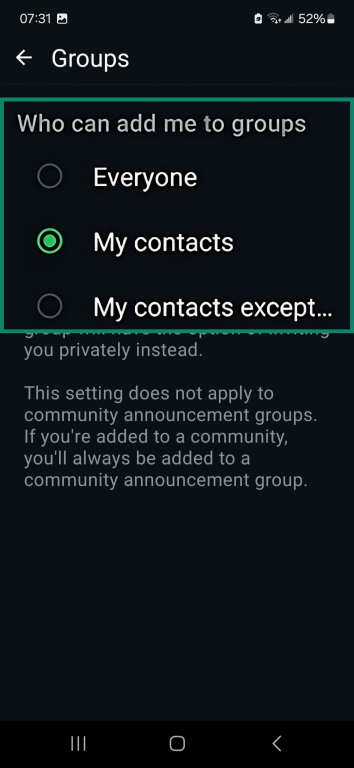WhatsApp Groups settings highlighting preferences for Who can add me to groups.