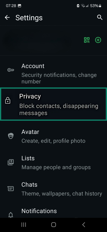 WhatsApp Settings menu highlighting Privacy.
