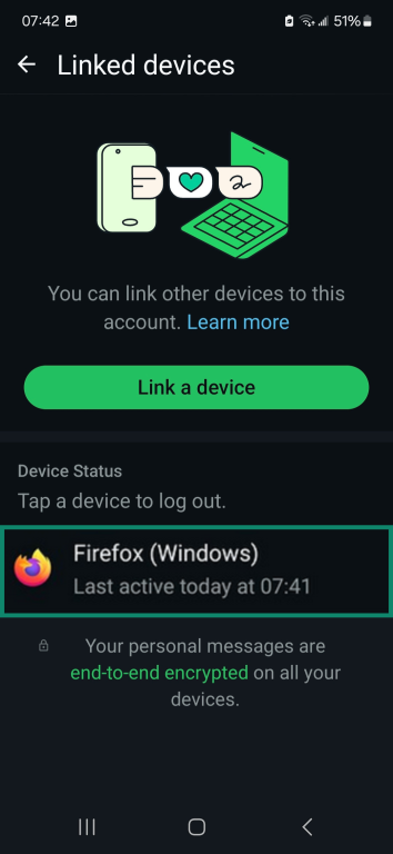 Linked devices page highlighting a connected device.