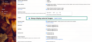 Gmail settings page showing how to enable the “Ask before displaying external images” option.