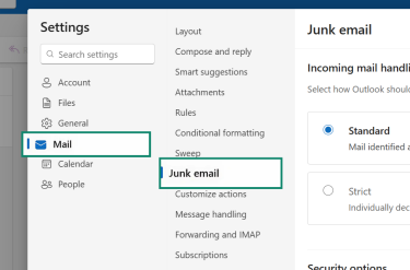 Outlook menu showing how to access Junk email settings.