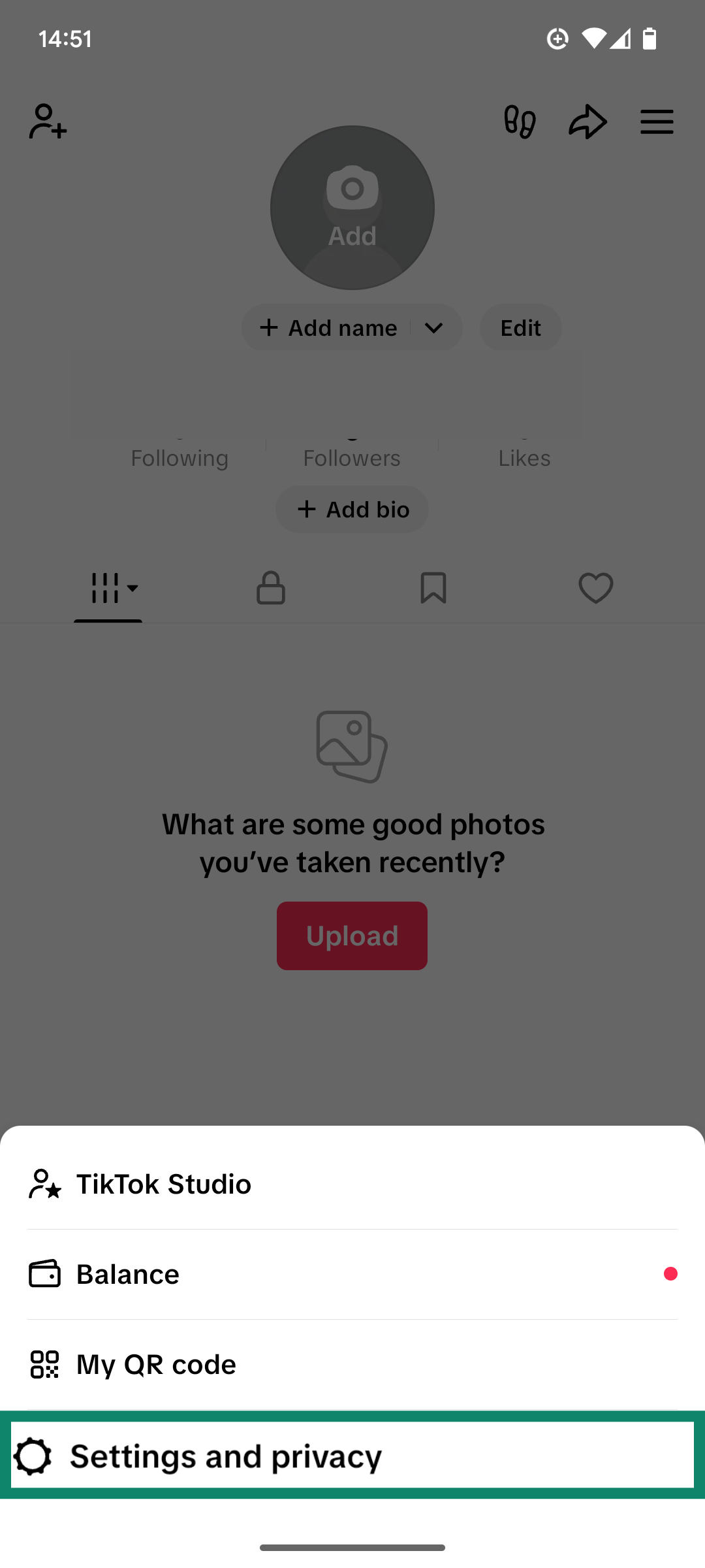 The Menu of the TikTok app, showing the Settings and privacy option.