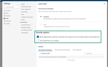 Outlook Junk email settings, showing how to block attachments, pictures, and links from unknown senders.