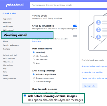 Yahoo Mail's additional settings page showing how to block the display of external images.