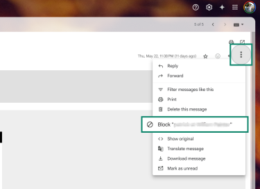 Gmail spam folder with the “Block [sender]” highlighted.